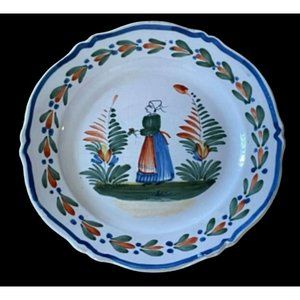 1940s French Faience Henriot Quimper Woman 8 inch Scalloped Plate